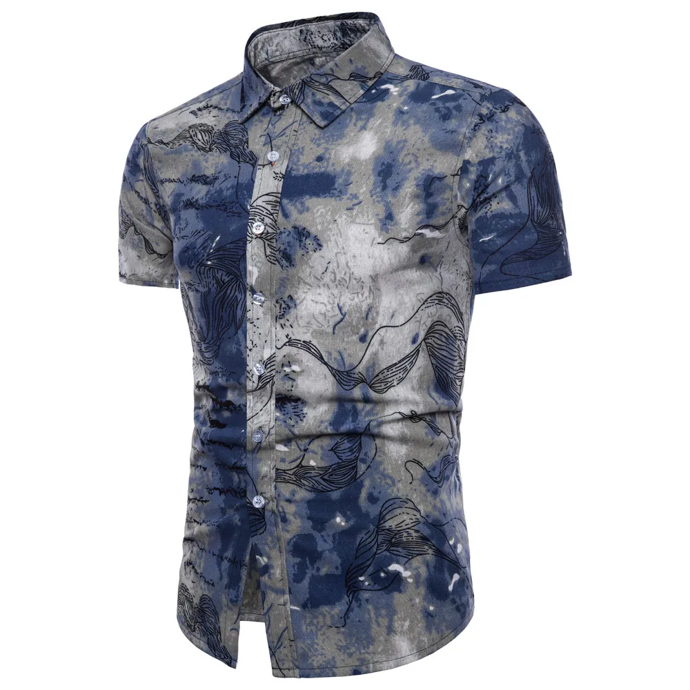 

Men Summer Bohe Floral Short Sleeve Linen Basic T Shirt Blouse Top Handsome Men Cardigan Blouses Men's Clothes Button