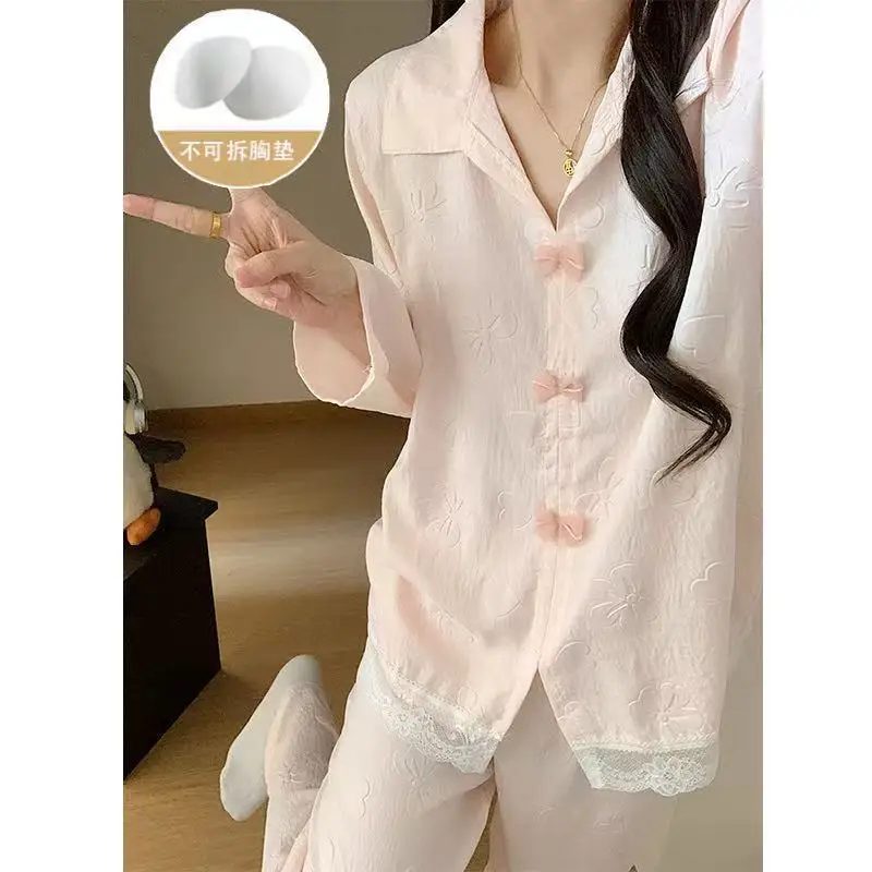

Новая весенне-осенняя пижама из облачного хлопка для женщин, с кружевом и бантом-бабочкой, в стиле принцессы, с фиксированными вкладышами для груди, милая домашняя одежда для девушек