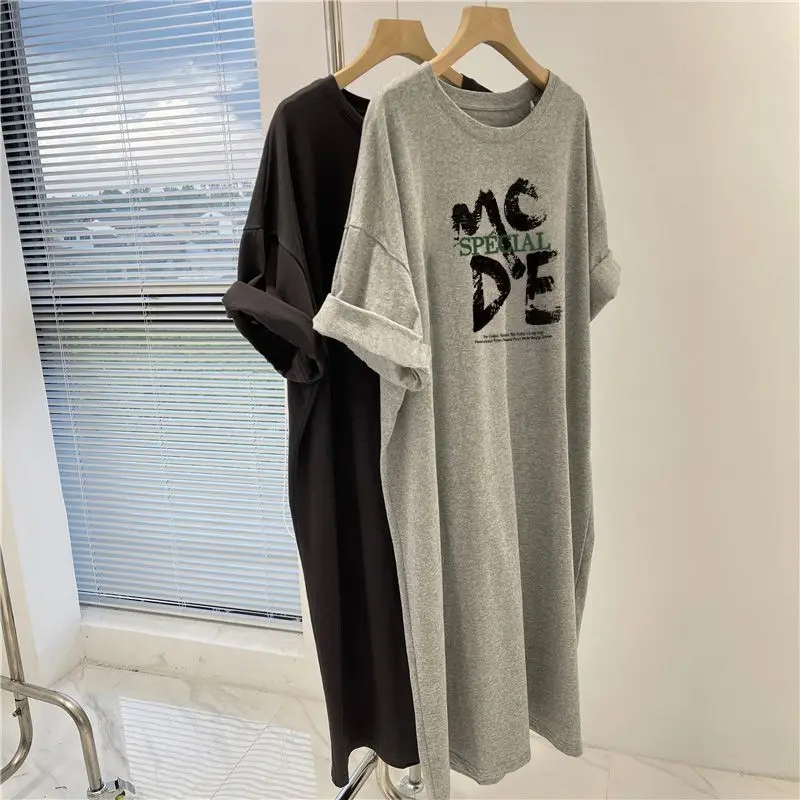 Mulheres Vestuário Oversized Túnicas Verão Casual Manga Curta Carta Impressa Loose Long T-shirt