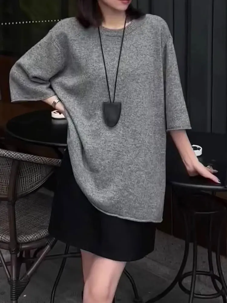 Schicke reine Farbstrickwaren, lockere Passform, koreanisches SLE-Sommer-Top, Fünfviertel-SVE-Design, lässige, faionable koreanische Version