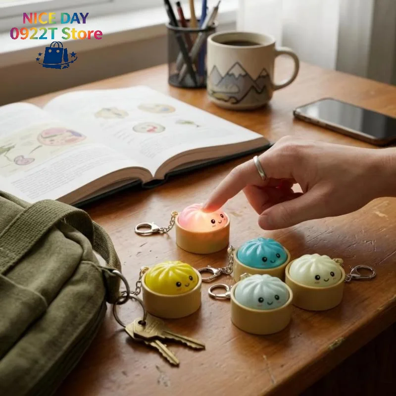 Cute Cartoon Steamed Bun Light Up Keychain, Press Activated Stress Relief Pendant For Backpack Kids Gift@#X