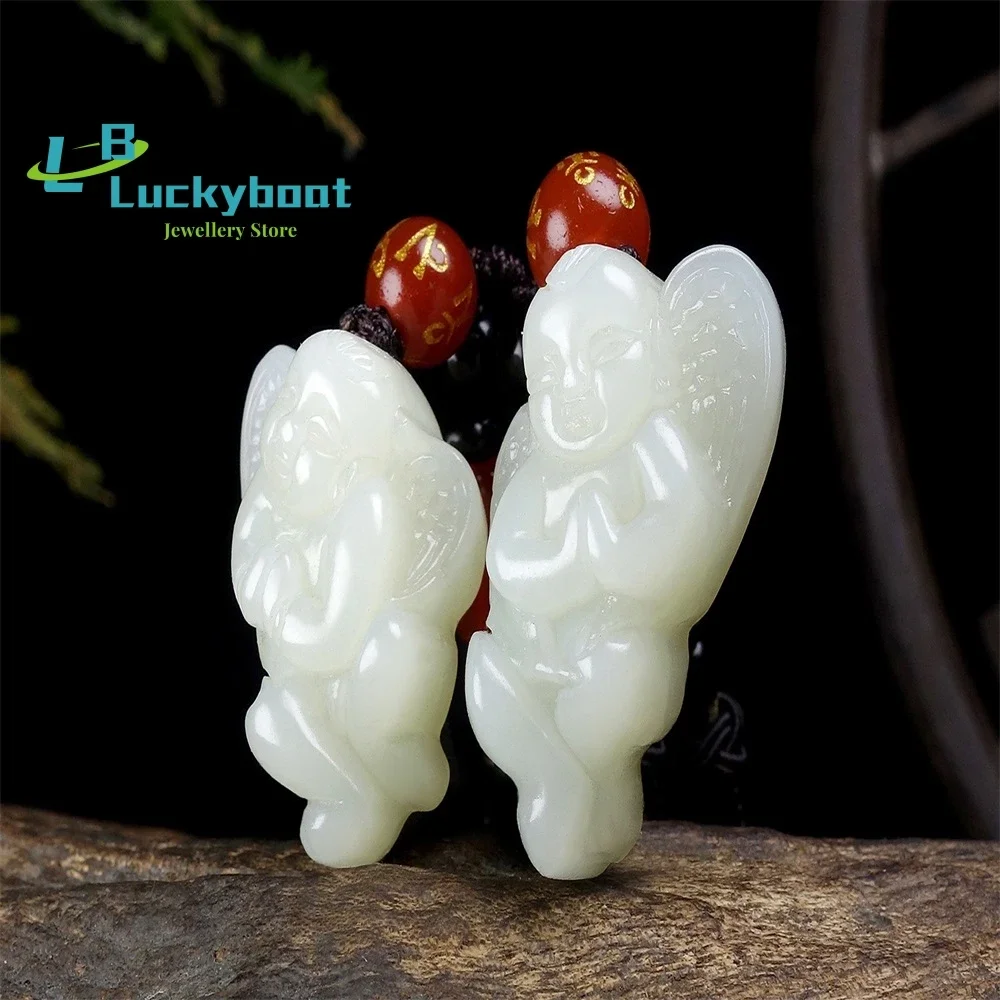 شينجيانغ هيتيان الأبيض اليشم الملاك قلادة الرجال والنساء منحوتة بدقة قليلا