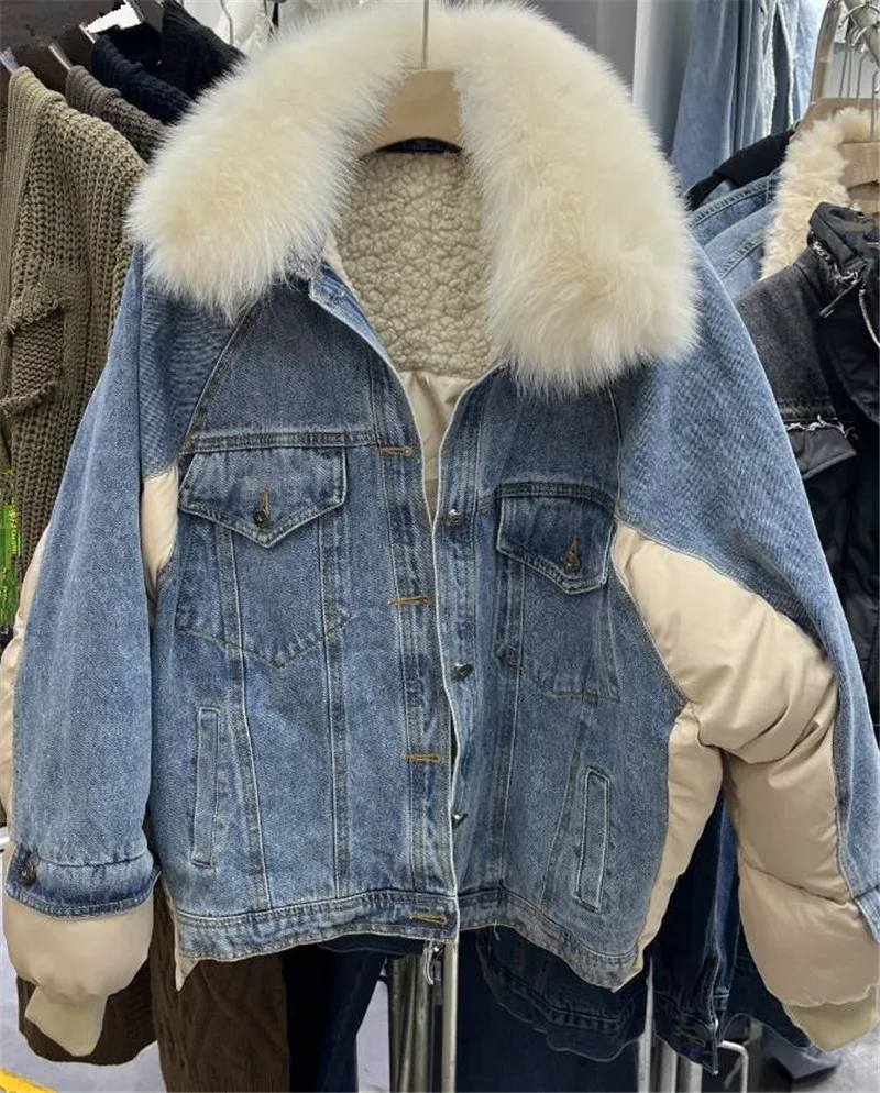 

Large fur collar Padded jacket Fashion patchwork denim cotton Coat 2023 winter new Stylish street Female Outerwear Y4568