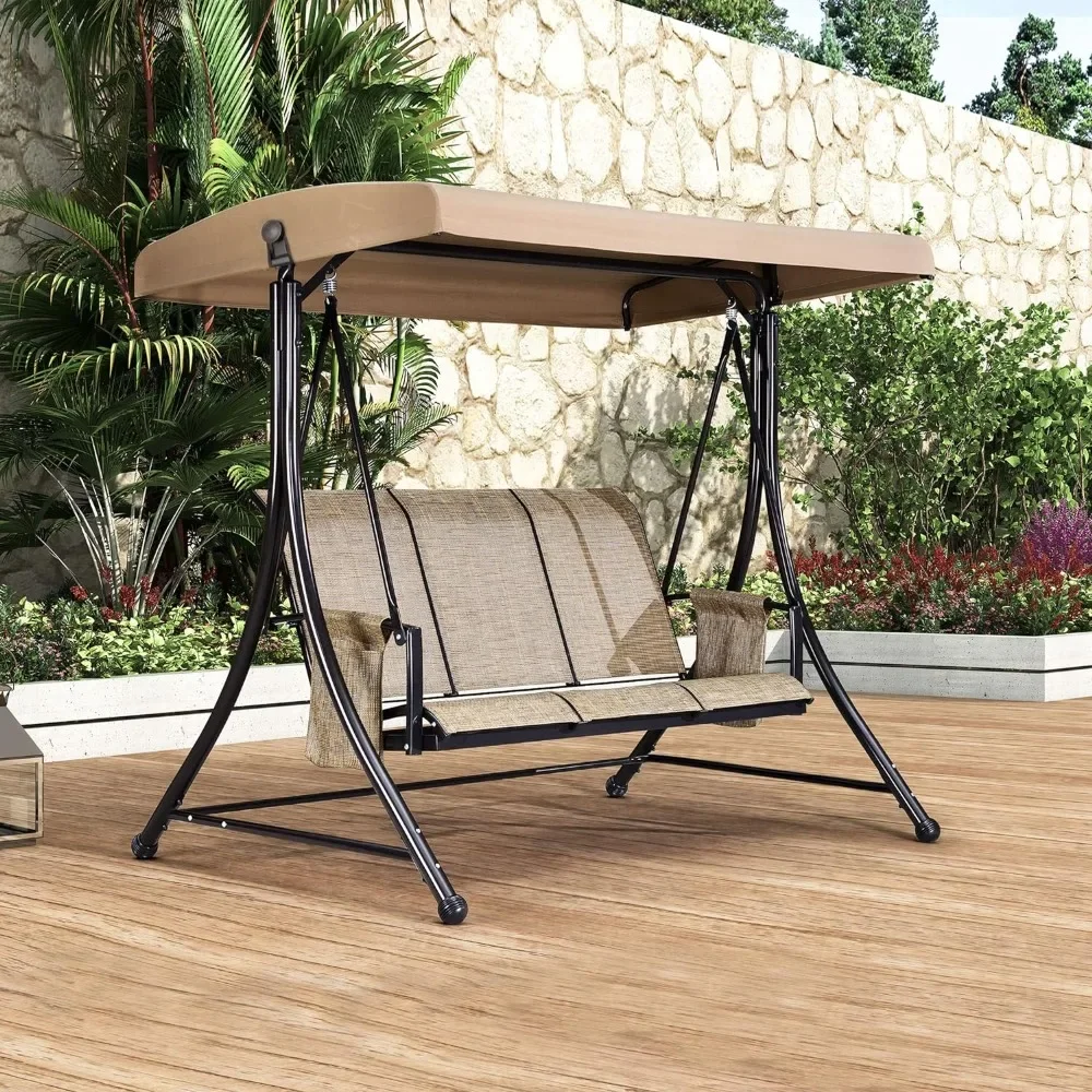 

Deluxe Outdoor Patio Swing Chair with Steel Frame, Patio and Porch Swing with Weather Resistant, Beige, Free Shipping, 3-Seat