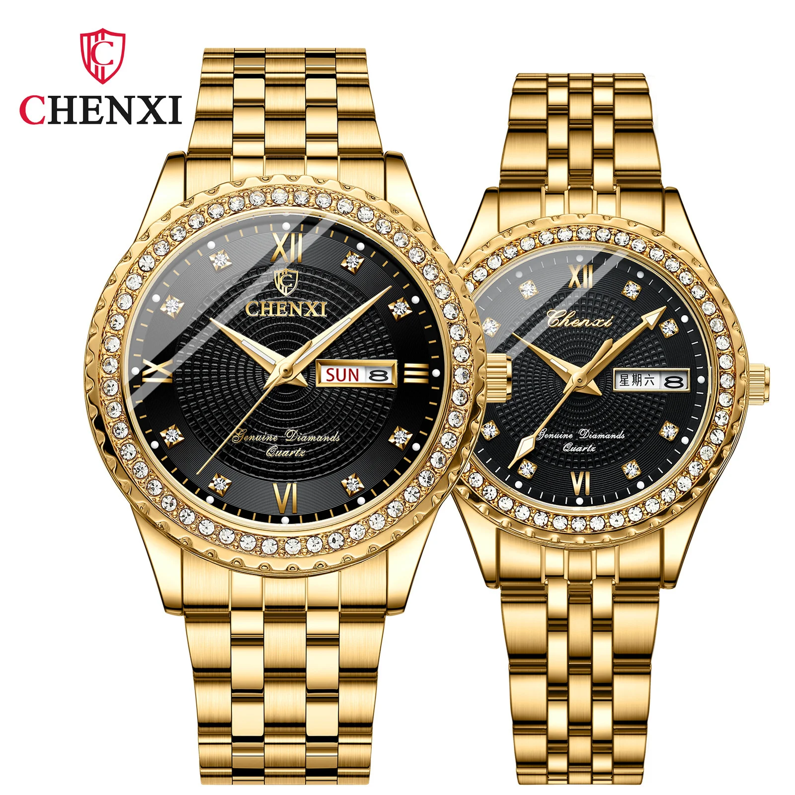 CHENXI 8215 Couple Quartz Watch Fashion Double Calendar Glow Diamond Luminous Golden Stainless Steel Wristwatch for Mens Women