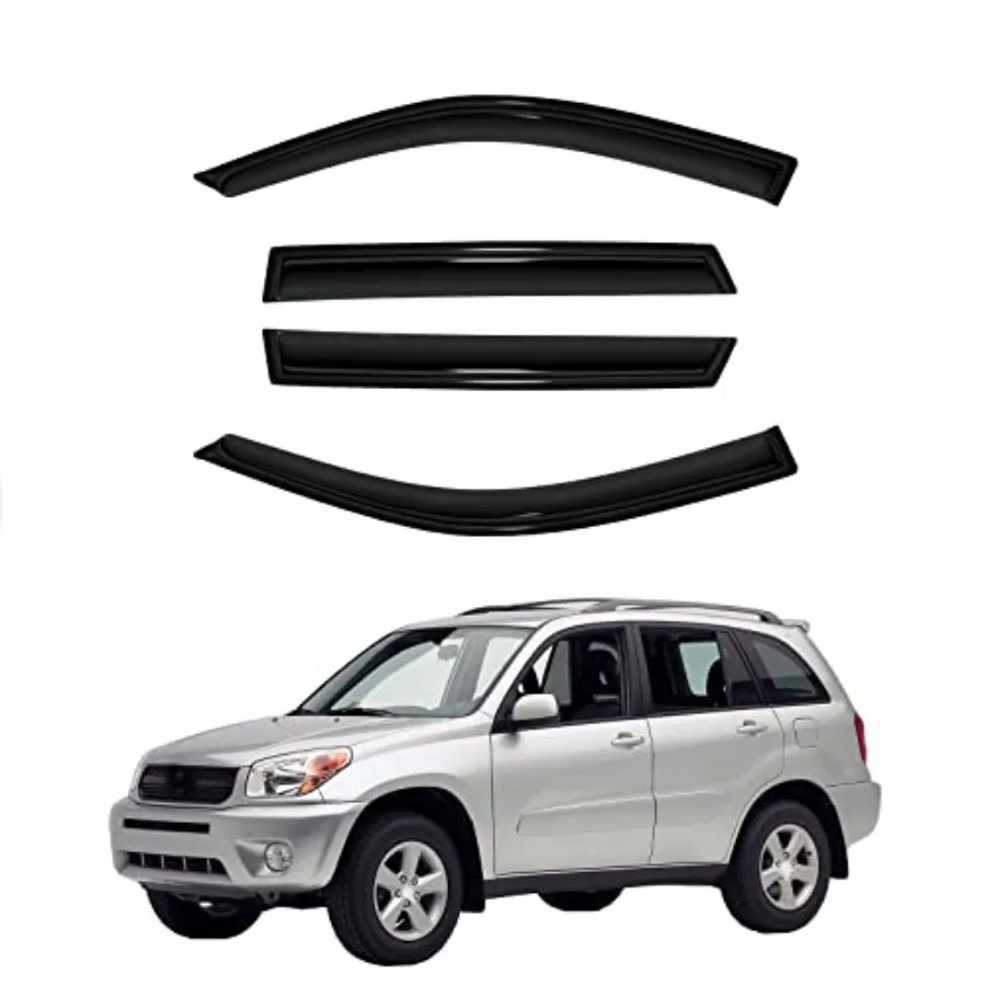 

4pc Tape On Sun Rain Guards Window Visor Wind Deflector Compatible with Toyota RAV4 4 Door 2001-2005 Smoke 94434