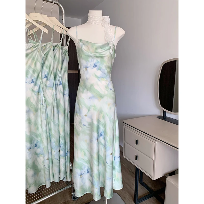 Women's Summer Sexy Swinging Collar Acetate Strap Mermaid Dress Lady Streetwear Holiday Beach Sleeveless Satin Long Dress