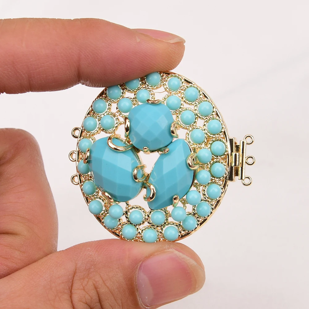 APDGG 2Pcs 42mm Big Natural Blue Turquoise Stone Gold plated Clasp Multi Strands Pearl Necklace Bracelet Jewelry Making DIY