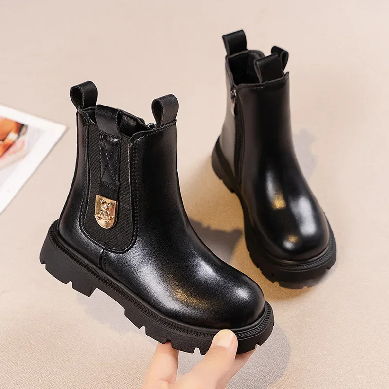 Girls 2024 Autumn/winter New Children\'s English Style Large Children\'s Foreign Style Leather Boots for Girls