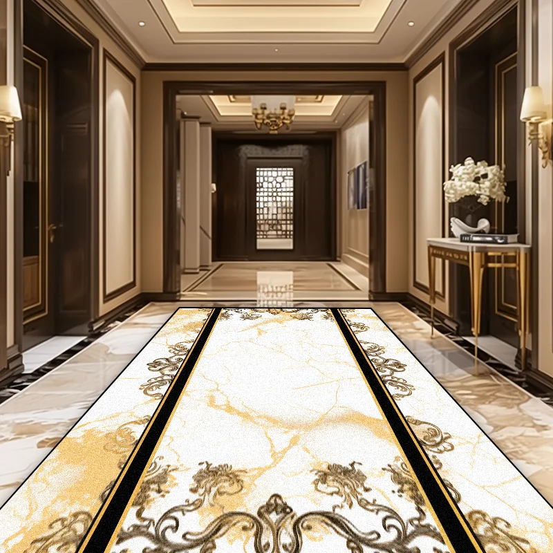 

European Luxury Golden Corridor Soft Carpet Villa Aisle Stair Decoration Area Rug Washable Hotel Porch Entry Floor Mat Non-slip