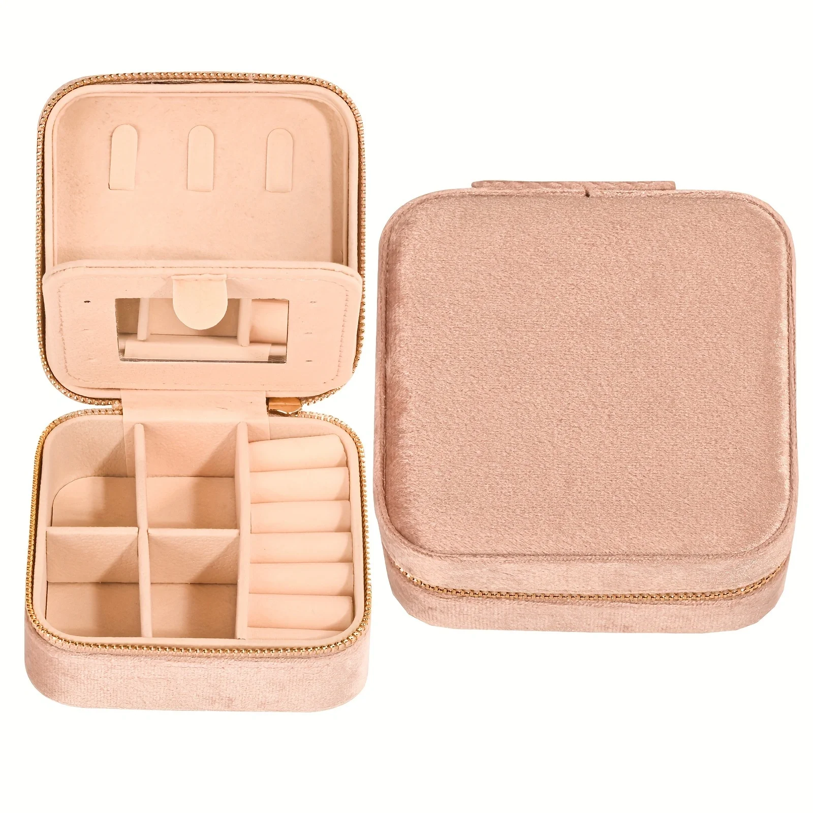 Caixa de armazenamento de jóias de viagem de veludo com espelho, caixa de jóias de viagem pequena caixa de jóias feminina, caixa de armazenamento de brincos com espelho