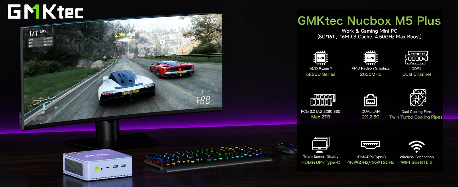 GMKtec M5 Plus AMD R7 5825U Mini PC 8-core 12-thread Portable Computer 32GB DDR4 1TB SSD Computer PC Gaming Desktop PC