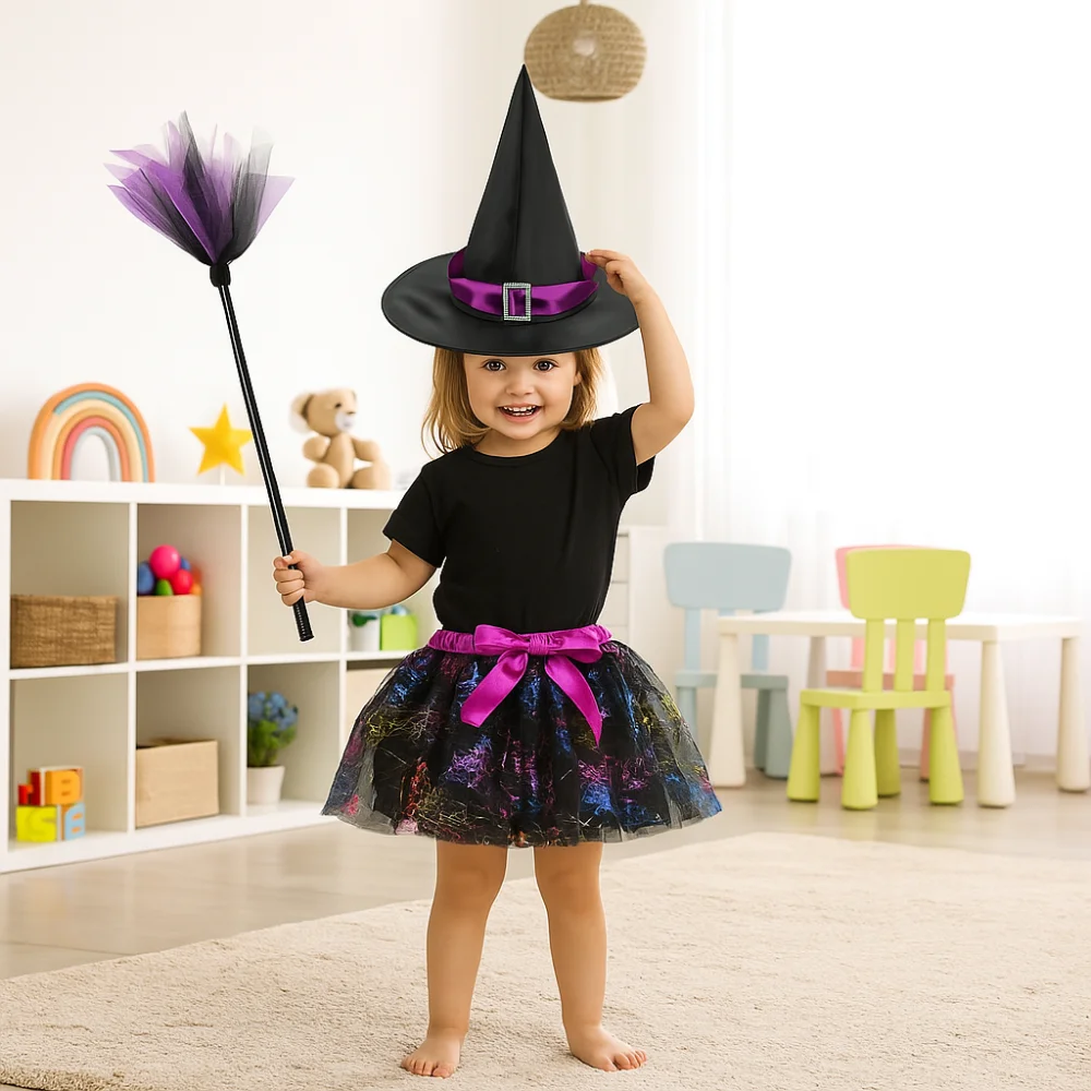 3Pcs/set Wizard Childern Halloween Costumes Broom Bright Color Kids Witch Dress Set Short Skirt Costume Cosplay Props