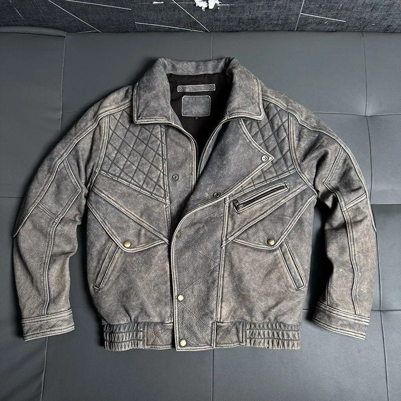Full Grain Layer Uncoated Cowhide Jacket Hong Kong Style Retro Denim Blue Wide Fit Motorcycle Men Chaqueta Cuero Moto motorcycle