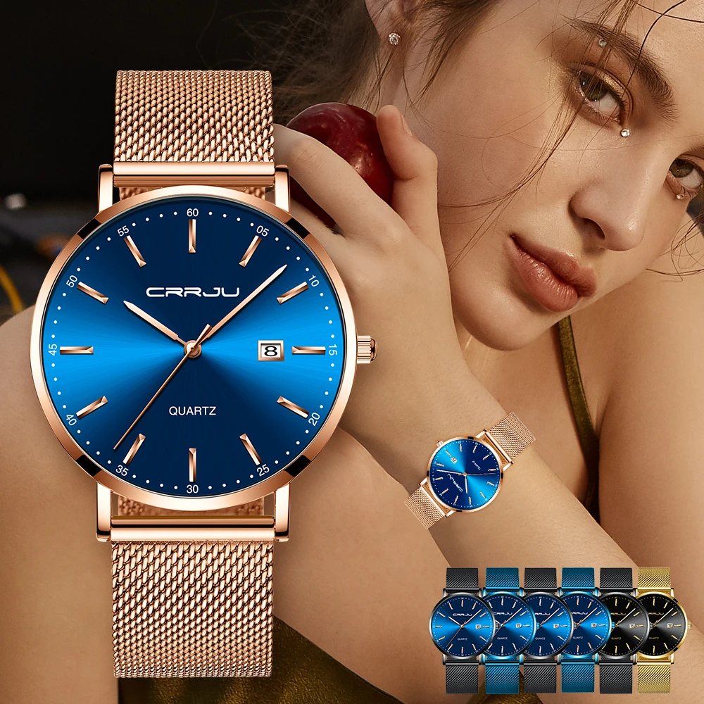 Women Watch CRRJU Fashion Luxury Blue Watch for Women Casual Waterproof Quartz Ladies Stainless Steel Watch relogio feminino