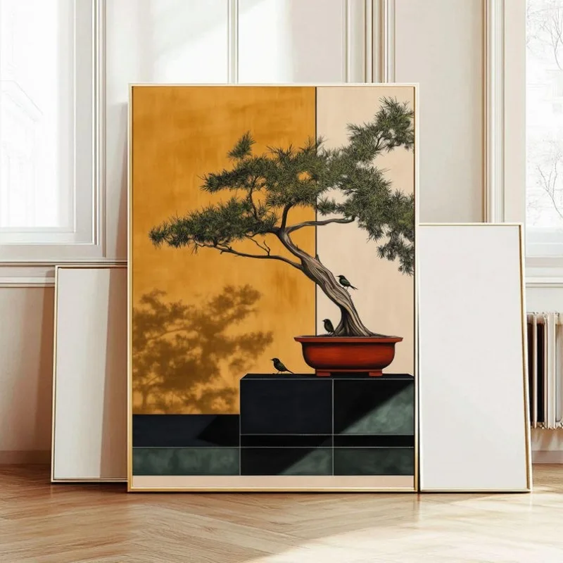 Retro Japanese Bonsai Tree Canvas Artwork Illustration, Frameless Mid-century Landscape Poster for Living Room & Bedroom Decor