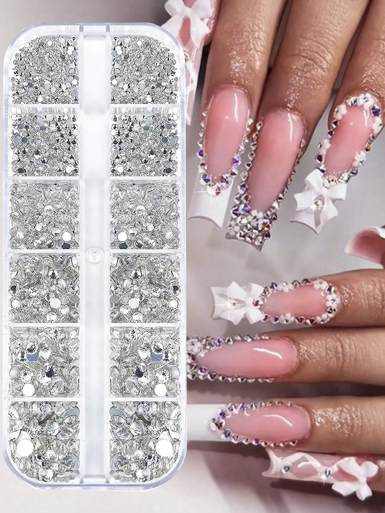 

12pcs Grid Nail Art Rhinestones, Size 1.5mm-5mm, 3D Nail Glass Crystal Clear Gems, Jewel Pearl Crystals, 3D Charm Stones