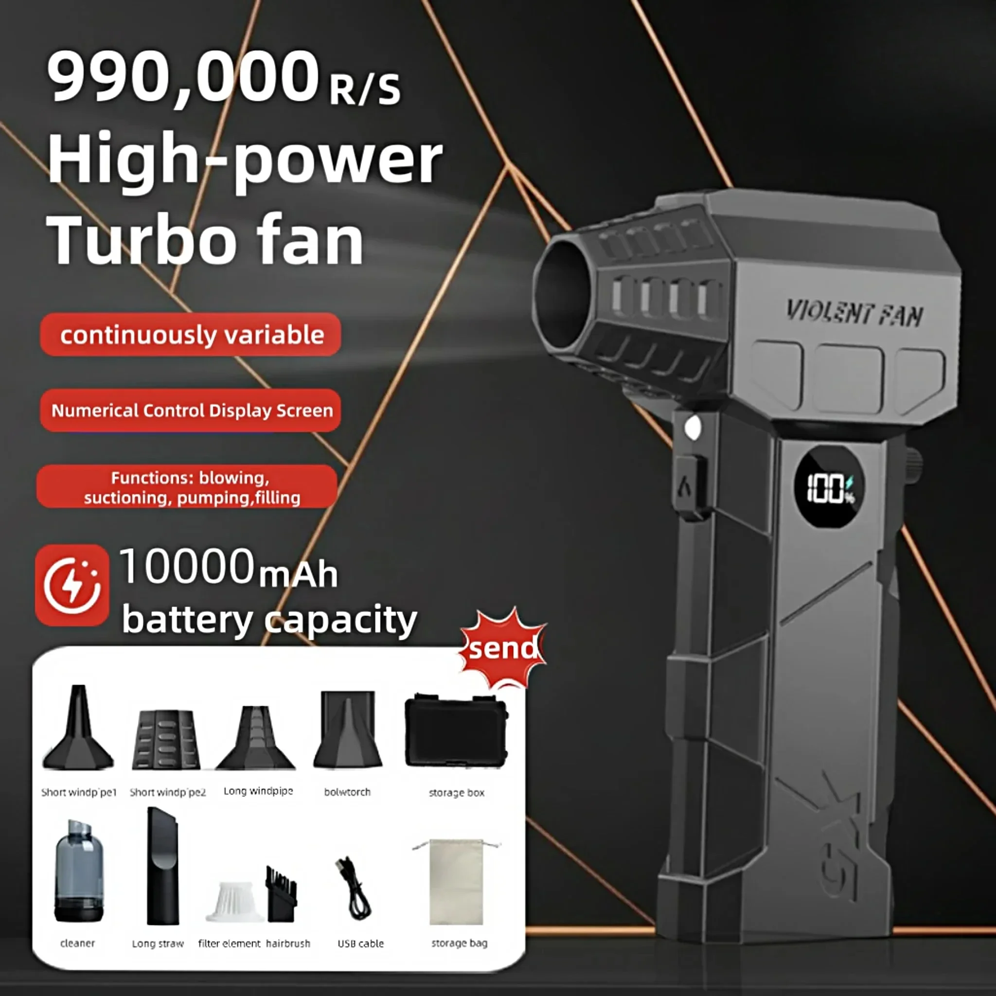 

X5Pro Turbo Jet Blowe 990000RPM Powerful Air Blower Brushless Motor Turbo Fan Wind Speed 75m/s 10000mAh strong breeze