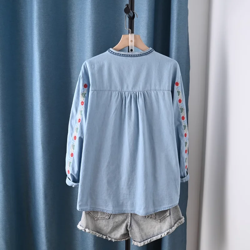 Ethnische Hemden für Damen im Sommer, Stickerei-Hemden im mexikanischen Stil, Blusen mit neun Punkten, Sommer-Oberteile aus Baumwolle für den Urlaub