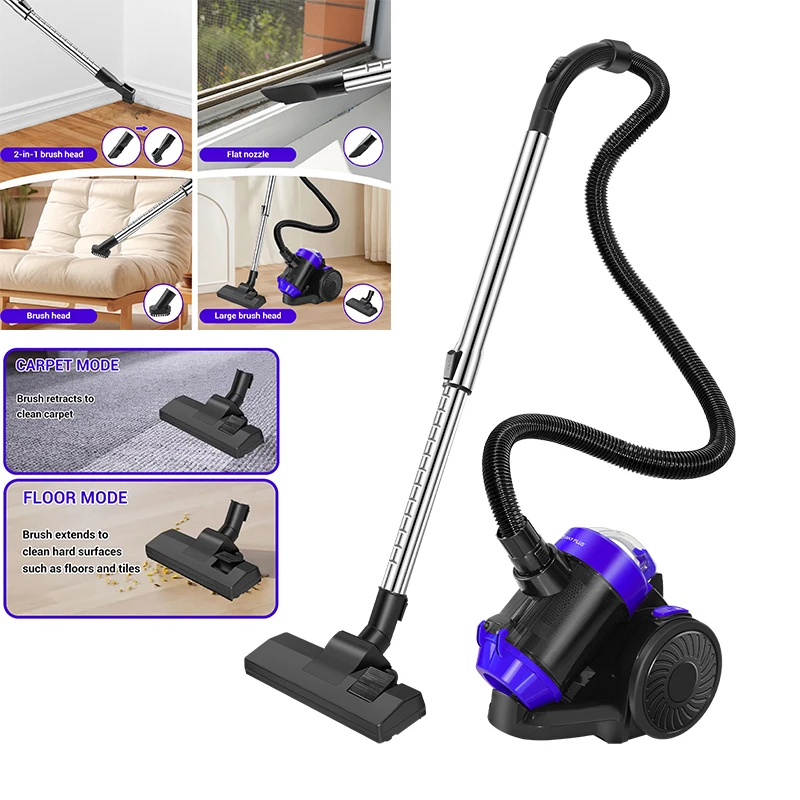 مكنسة كهربائية قوية 1.5 لتر بدون كيس للحيوانات الأليفة والسيارات فلتر HEPA ترجيع تلقائي 4 متر سلك منظف سجادة الأرضيات الصلبة للمنزل