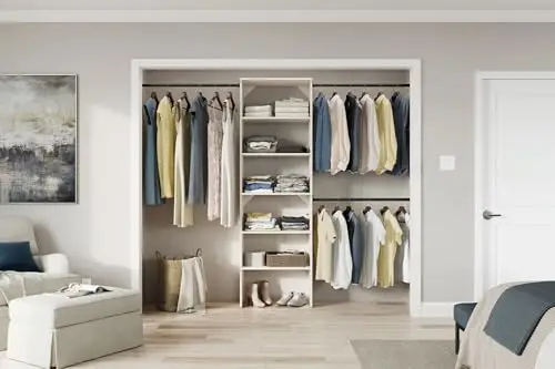 SuiteSymphony Wood Closet Organizer System, 25-Inch Starter Kit with Tower and 3 Hang Rods and Shelving, Adjustable Shelves