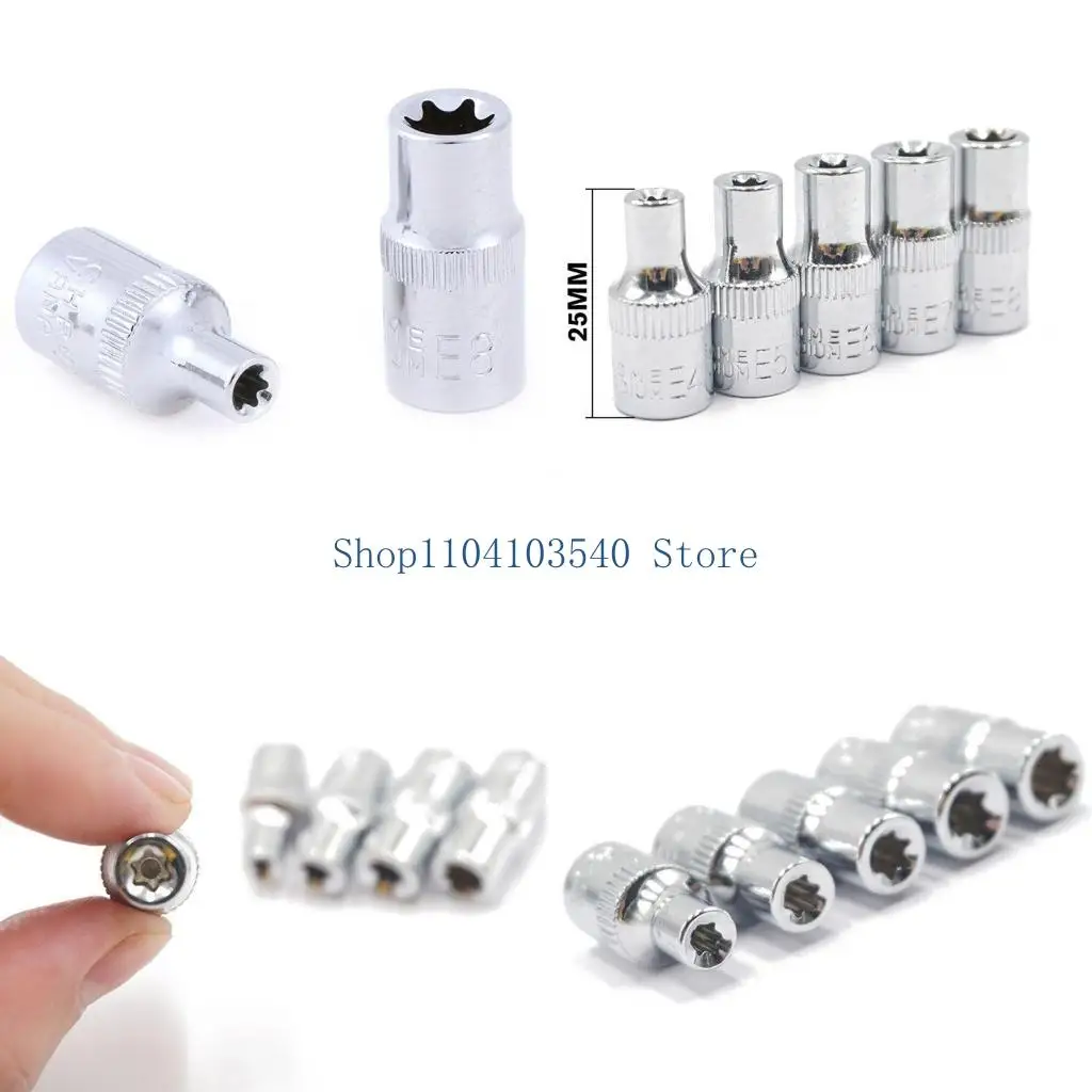 

02DC 1/4" E-type Ratchet Socket Torx Star Bit Female Socket Adapter E Socket Driver Joint Hand Tools E4 E5 E6 E7 Prevent Rust