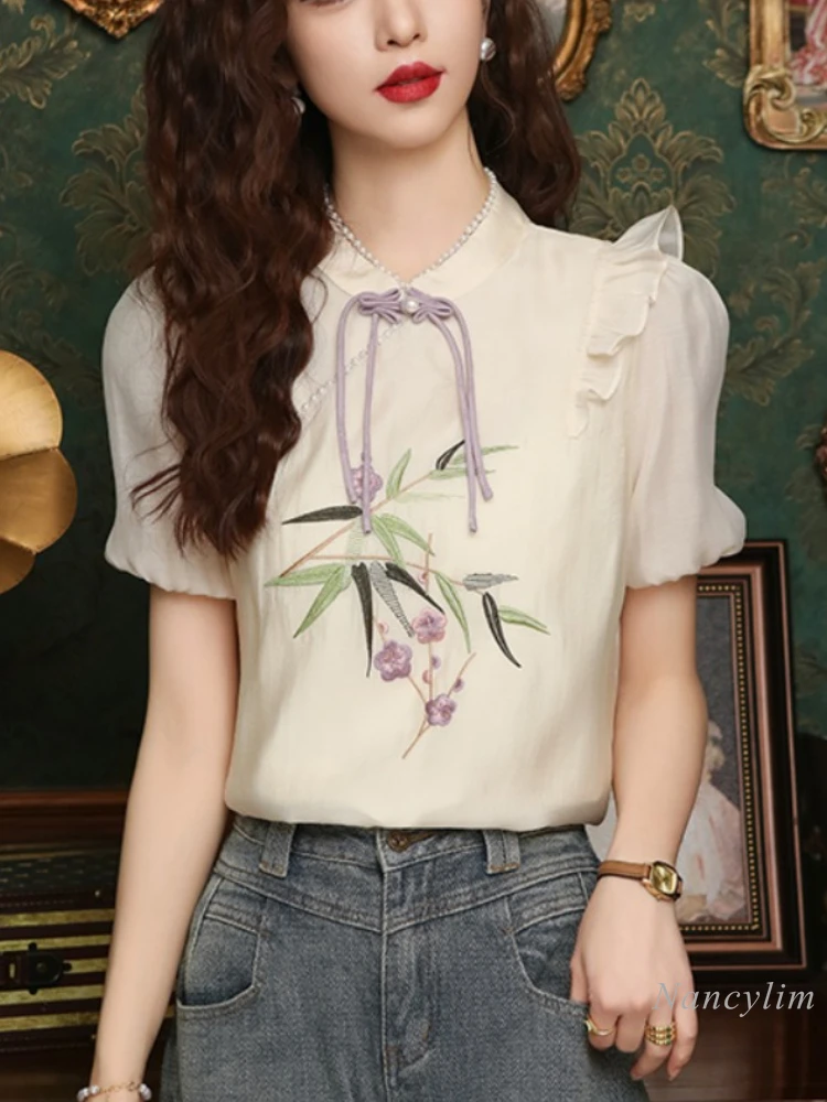 

New Chinese Style Knot Button Embroidery Chiffon Blouse Women's Summer Top 2024 New Short Sleeve National Style Shirt Blusas