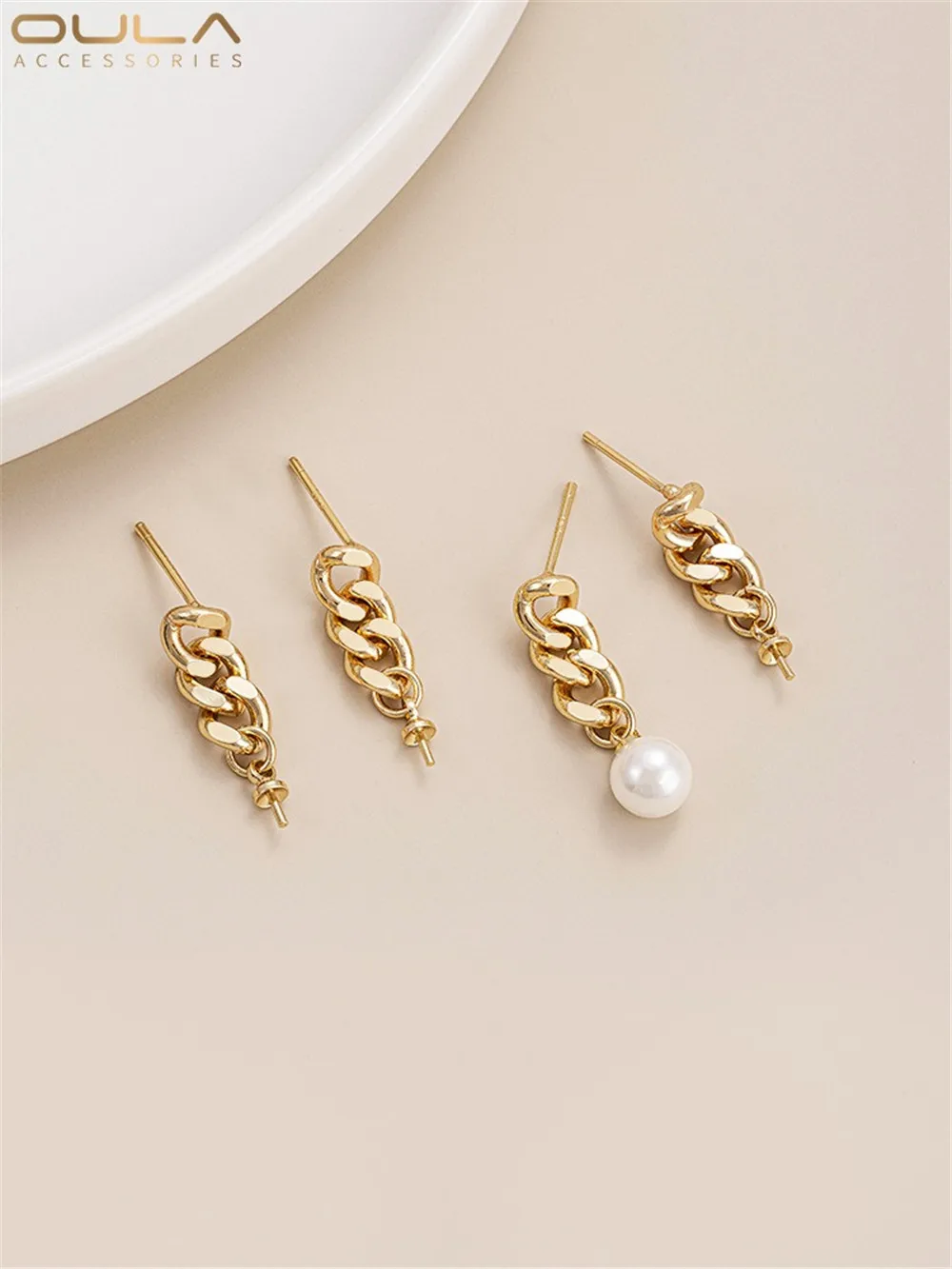 14K Gold-Color Plated Chain Hanging Eye Half Hole Bead Earrings 925 Silver Needle Handmade Diy Sticky Bead Earrings Accessories image 4
