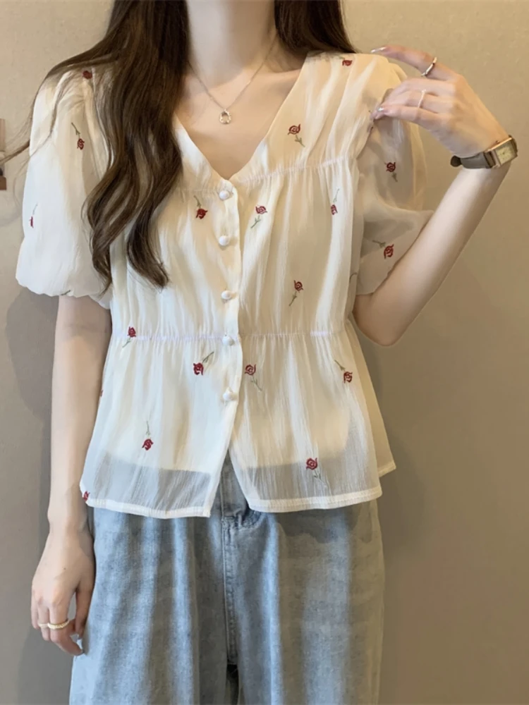 

Summer Women's Chiffon Top Belly Covering Bubble Sleeve Mesh Beautiful Floral Print Slimming Effect Casual Korean Style T-shirt