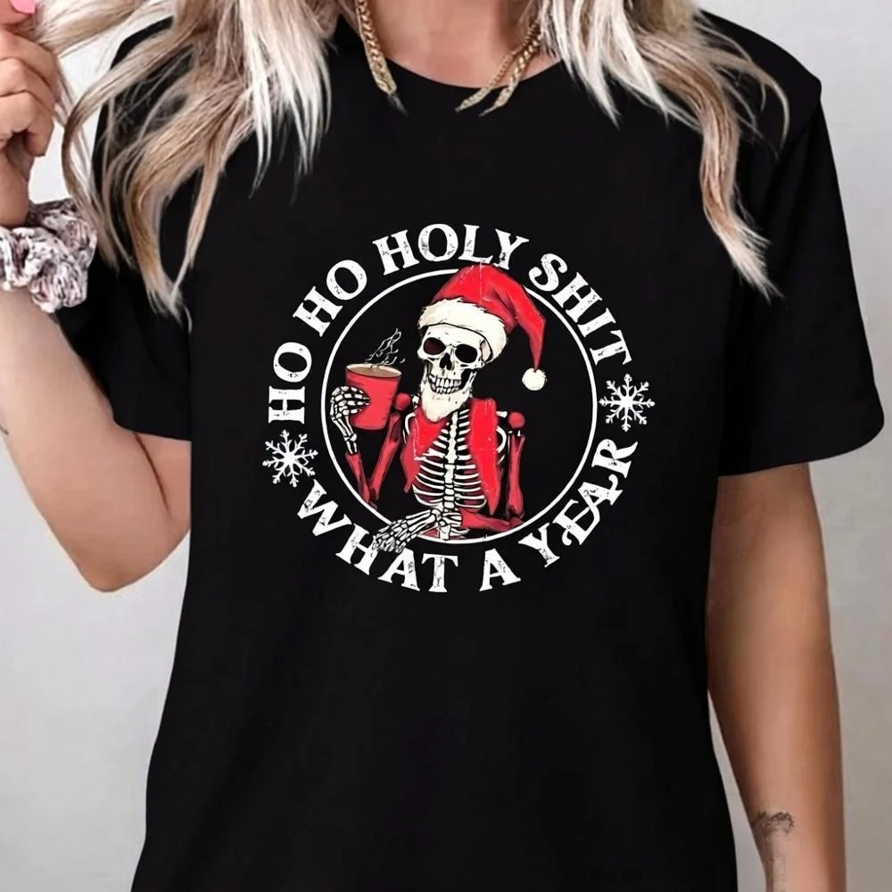 Funny Christmas T-shirt Christmas Humor Skeleton Santa Claus Women's Oversized T-shirt Y2k Christmas Coffee Top Unisex Xmas Gift