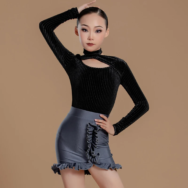 

Children's Latin Dance Girls Kids Draw Strips Velvet Bodysuit and Skirts Set Dancewear Performance Competition Practice Costumes
