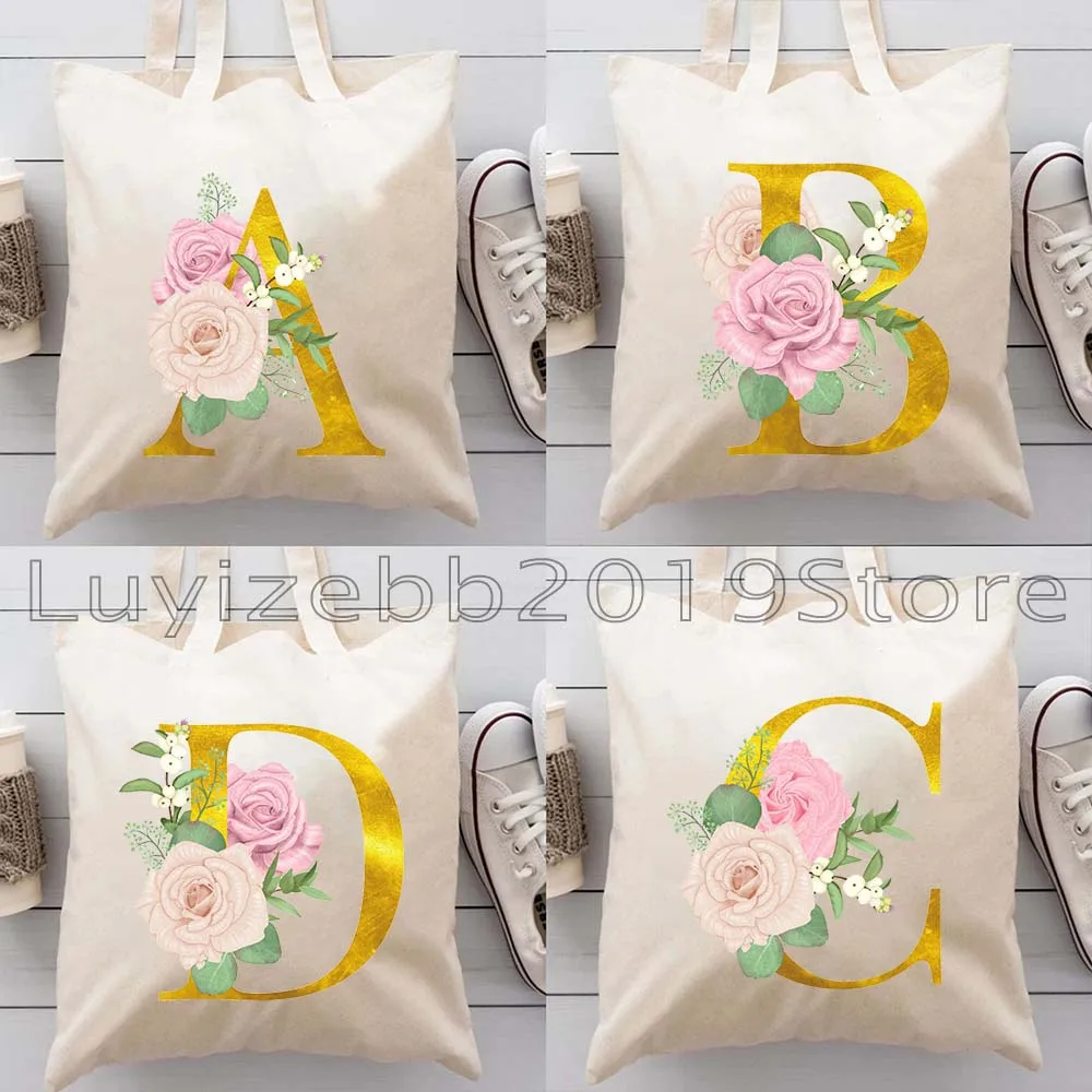 

Большая хлопковая сумка-шоппер с золотым цветочным монограммным инициалом, английским алфавитом, забавным дизайном, на плечо