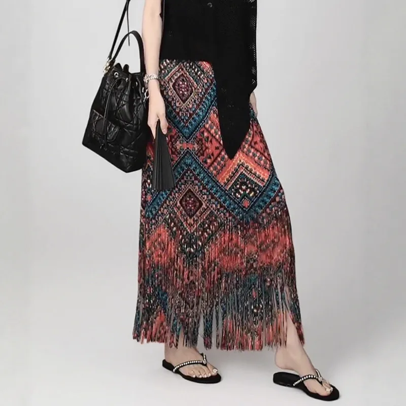 YFPF Vintage impression conception une ligne jupe pour femmes plissée mode gland Patchwork jupes longues casual 2025 nouveaux vêtements