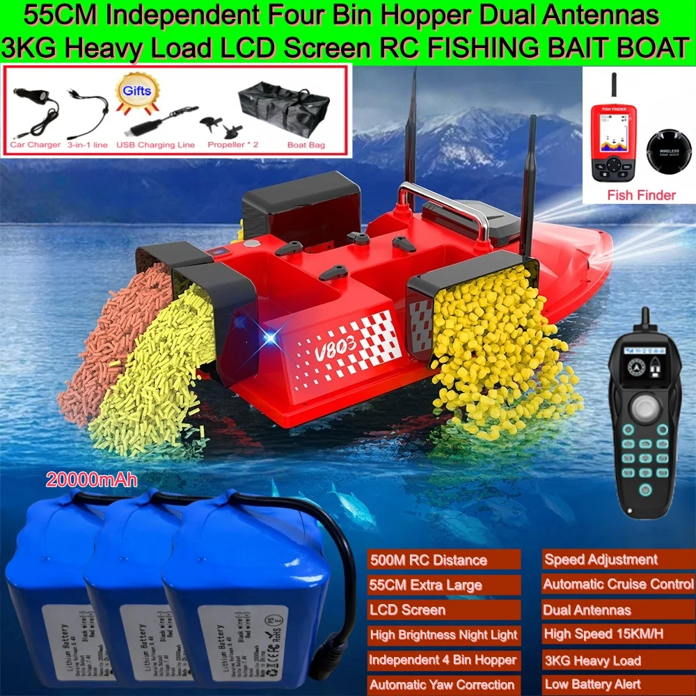 

55CM Extra Large Nest Boa 15KM/H 500M 3KG Load 4 Hoppers RC Carp Fishing Bait Boat LCD Screen 2 Speed Waterproof Fishing Boat