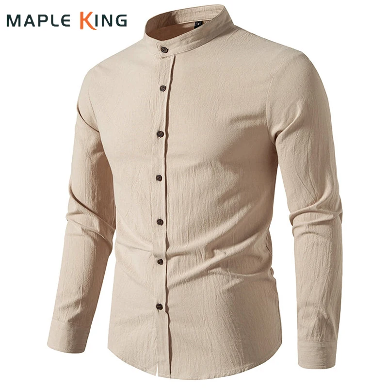 

Vinatge Saudi Arabic Shirt for Men Cotton Linen Blusas Tops Solid Henry Collar Breathable Workwear Mens Social Camisas Shirts