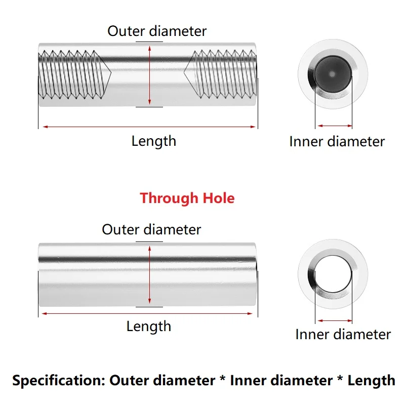 M8 M10 304 Stainless Steel Double Internal Threaded Cylindrical Pin Two End Perforated Support Column Connecting Rod
