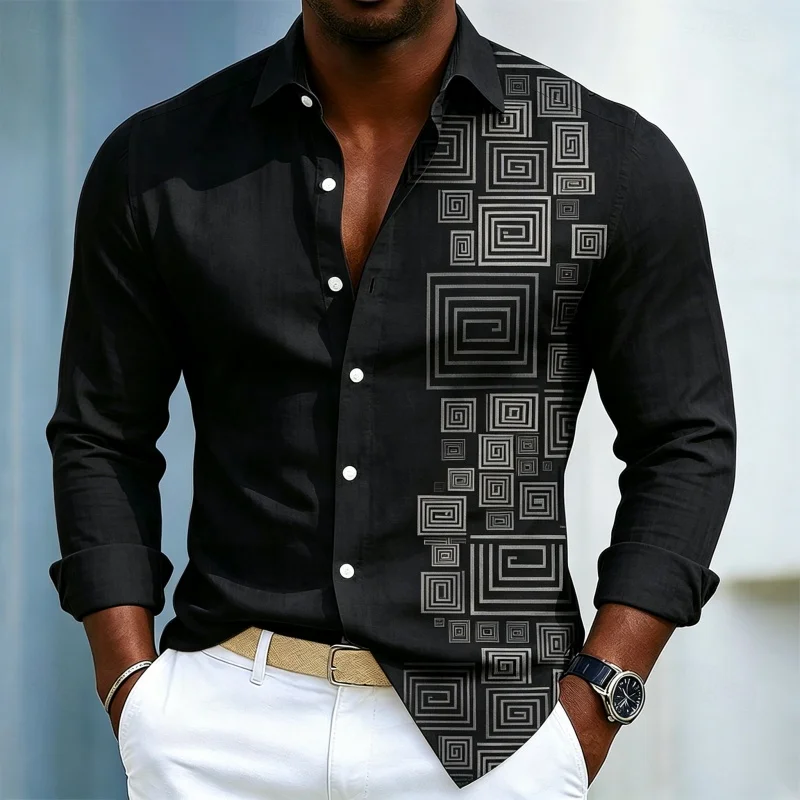 Men's shirt with geometric pattern print, men's long sleeved shirt, black slim fit shirt, fashionable design, men's clothing