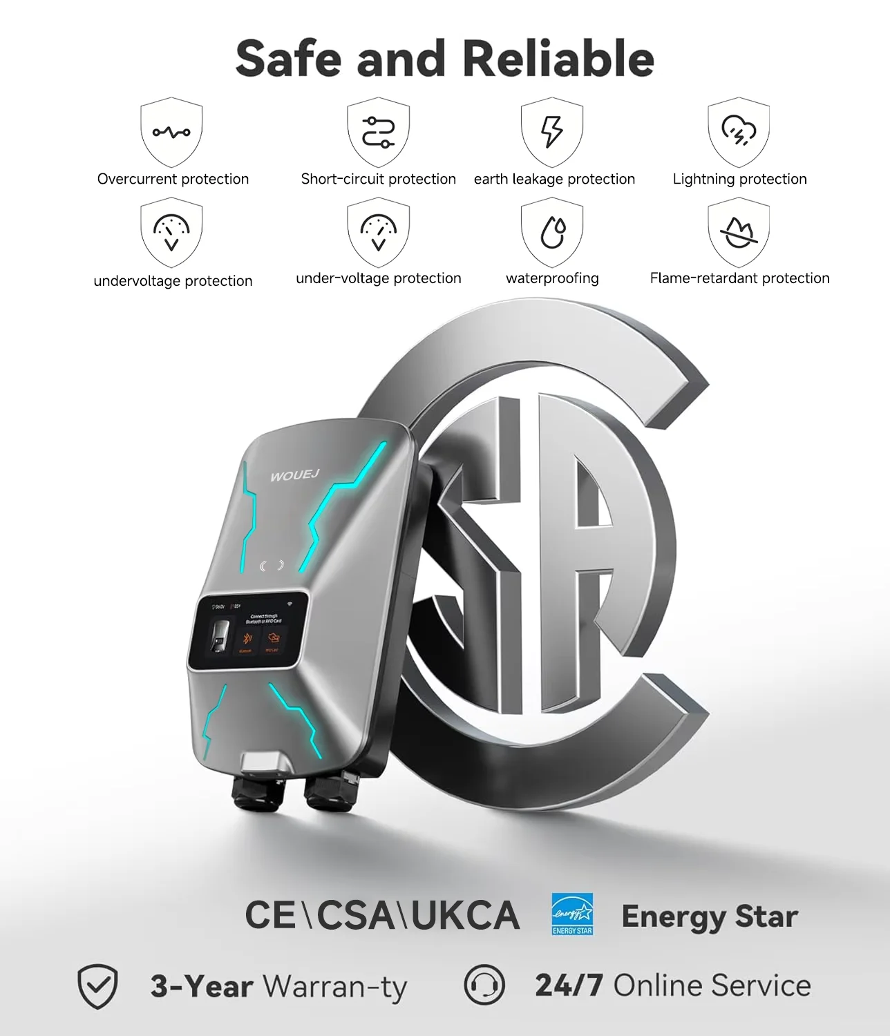 WOUEJ-محطة شحن السيارة الكهربائية ، W3 ، النوع 2 ، 7 كيلو وات ، 32 أمبير ، مرحلة واحدة ، شاحن ، تطبيق ، تحكم صوتي ، بطاقة تحديد الهوية الشخصية ، شاشة LCD