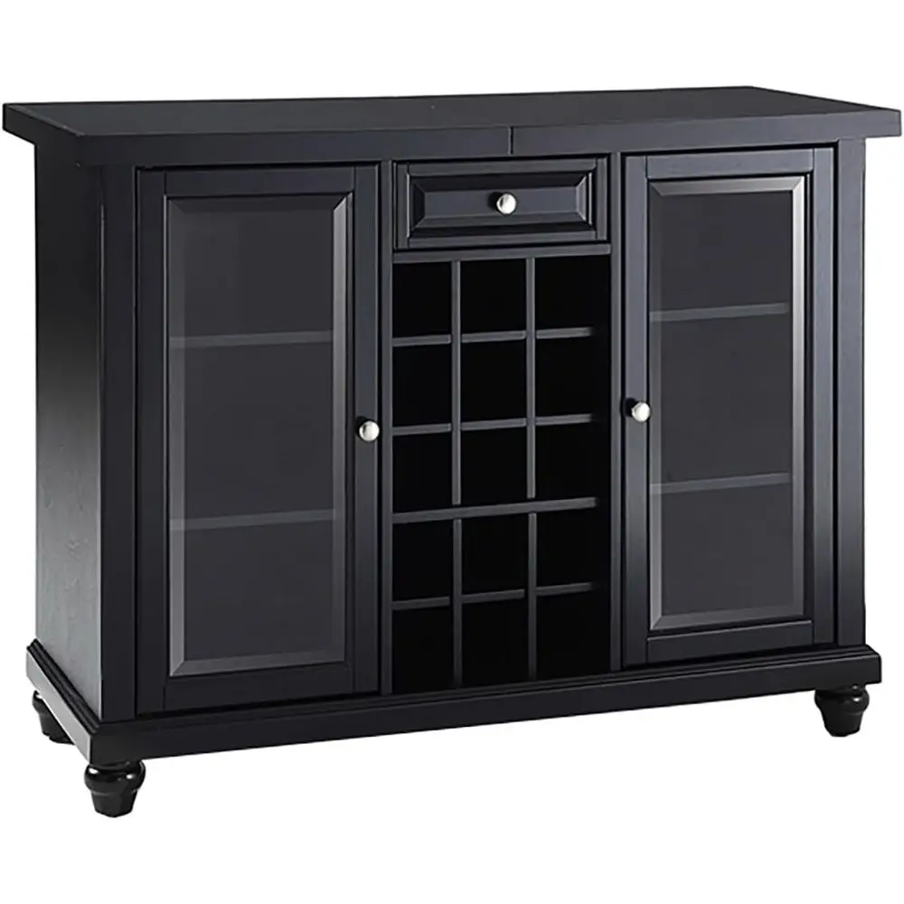 Sliding Top Bar Cabinet with Storage and Wine Rack, Black