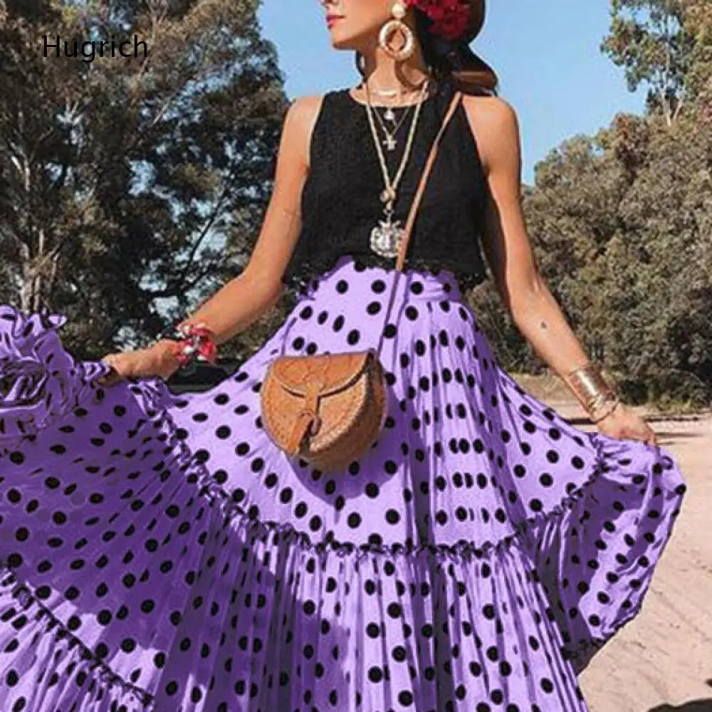 Elastic High Waist Polka Dot Pleated Ruffled Hem Flared Long Skirt Outdoor Travel Women Casual Skirt