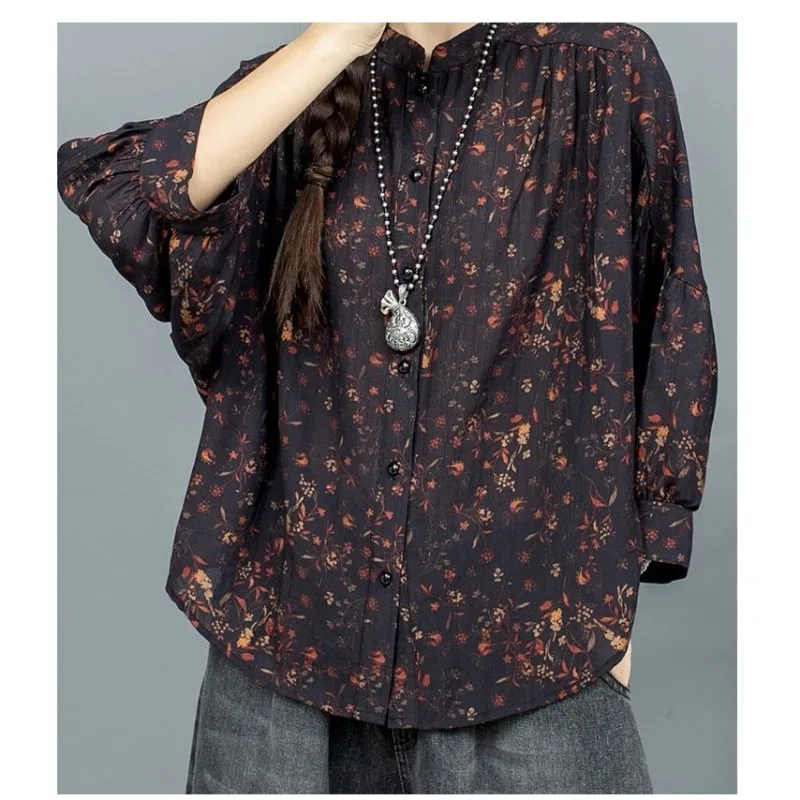 

Ethnic Style Casual Shirt with Three-quarter Sleeves Comfortable Loose Retro Style Printed Stand Collar Top