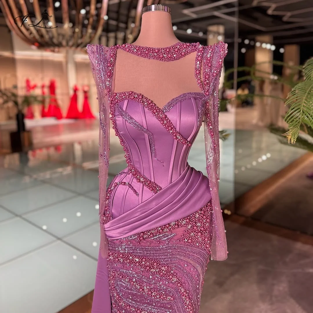 비즈 장식 머메이드 드레스, 보라색 라운드넥 레이스 긴팔 이브닝 드레스, 트레인 칵테일 드레스, 맞춤 제작 가능한 정장 드레스