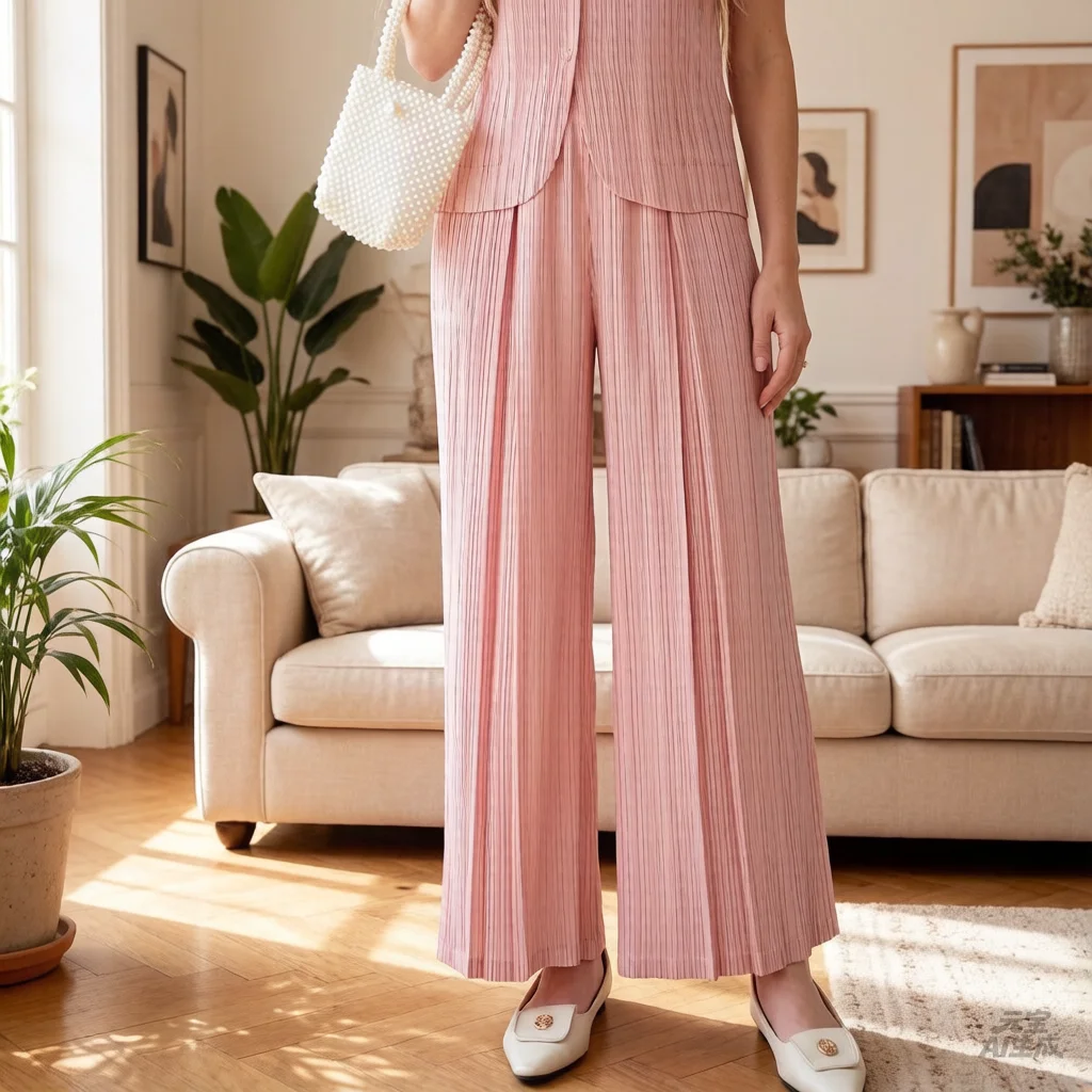 

Miyake Pleats 2026 Spring/Summer New Collection Premium Pleated Blouse Luxury Korean-Style High-Waisted Wide-Leg Trousers Pleat