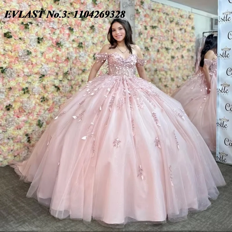 

EVLAST Customized Pink Shiny Sweetheart Quinceanera Dress Ball Gown Beaded Corset Debutante Sweet 16 Vestido 15 De Años E3Q163