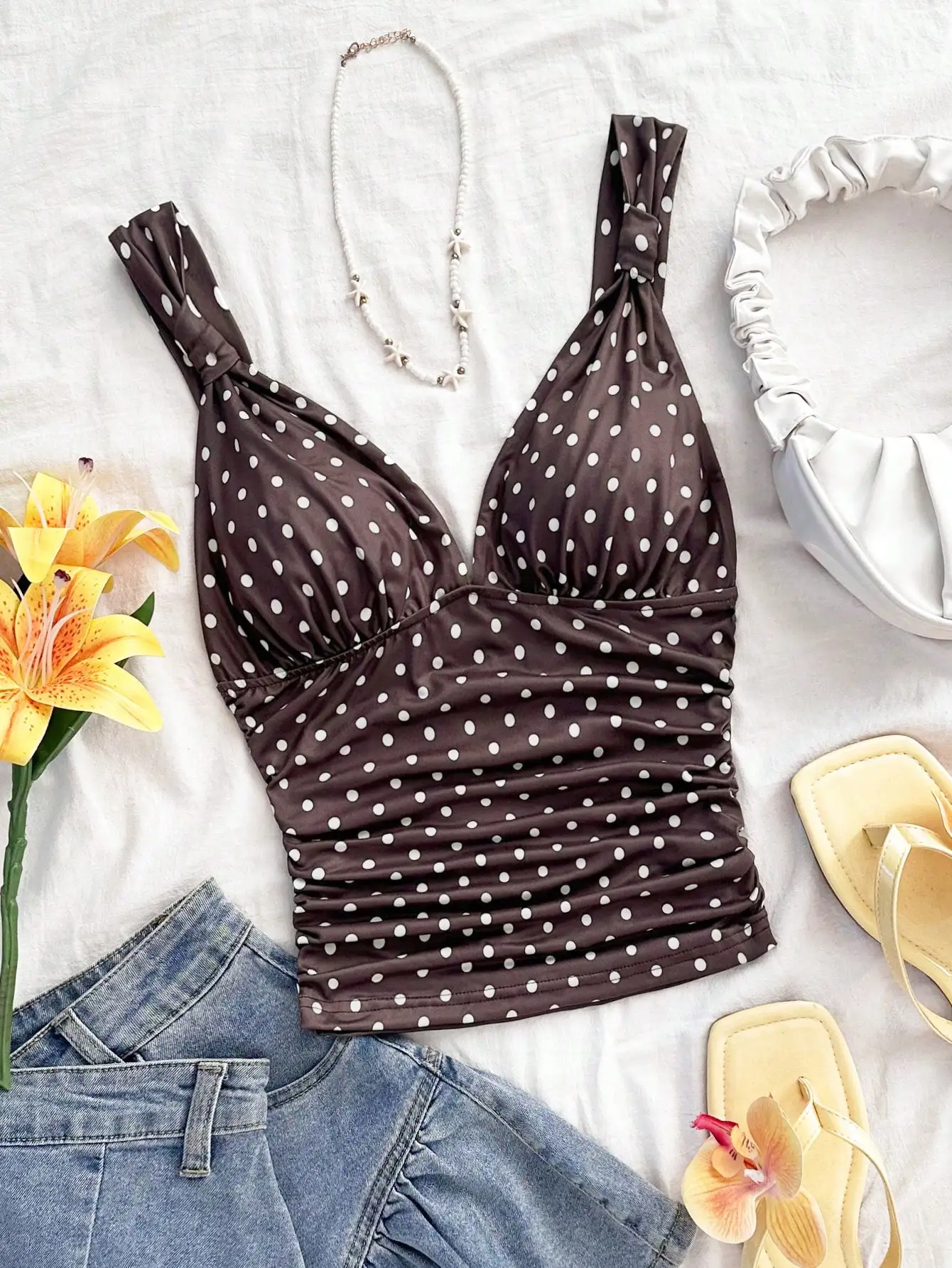 Elegant Women's Vacation Polka‑Dot Knitted Twisted Strap Ruched Slim‑Fit Cami Top