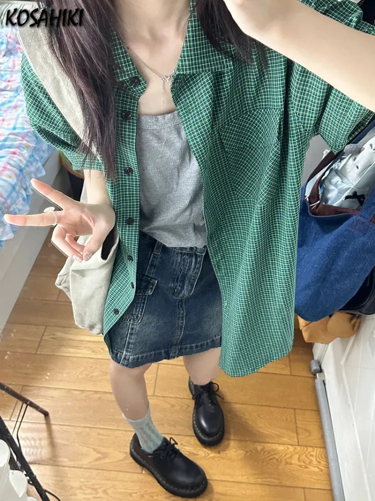 2024 Summer Short Sleeve Plaid Loose Women Blouse Y2k Aesthetic All Match Single Breasted Blusas Fashion Harajuku Pocket Shirt