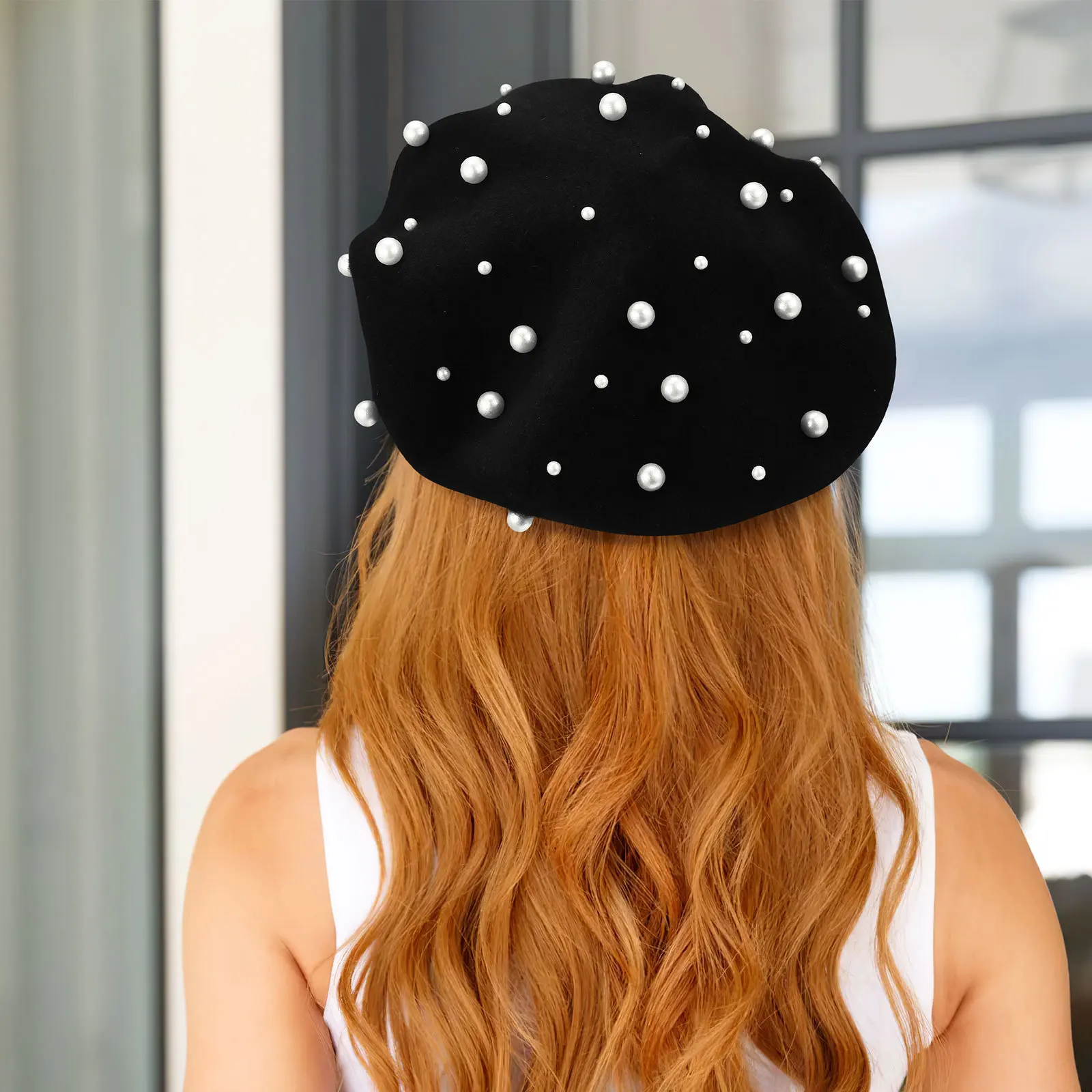 

One Size Women's Pearl Beret in Black Premium Cashmere Blend Winter Warm Beanie Foldable Fashion Beret for Daily Styling
