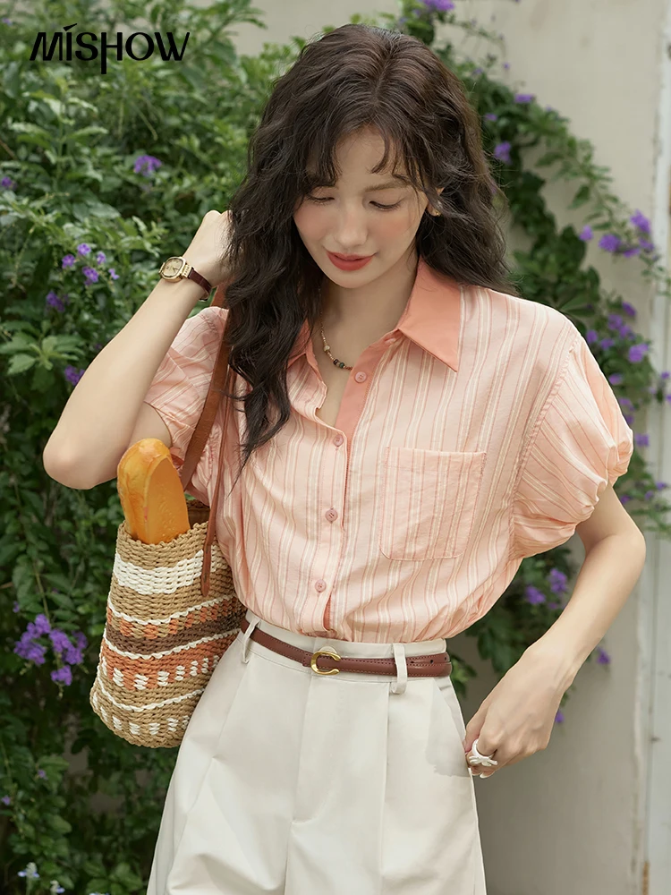 

MISHOW Women's Hong Kong Retro Pink Striped Shirt 2025 Summer Short Sleeve Bubble Sleeve Single Breasted Lapel Top MXD28C0250