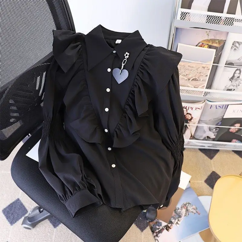 Korean Commute Spring Summer New Blouses Women\'s Solid Color Polo Collar Patchwork Ruffles Loose Button Long Sleeve Shirts Tops