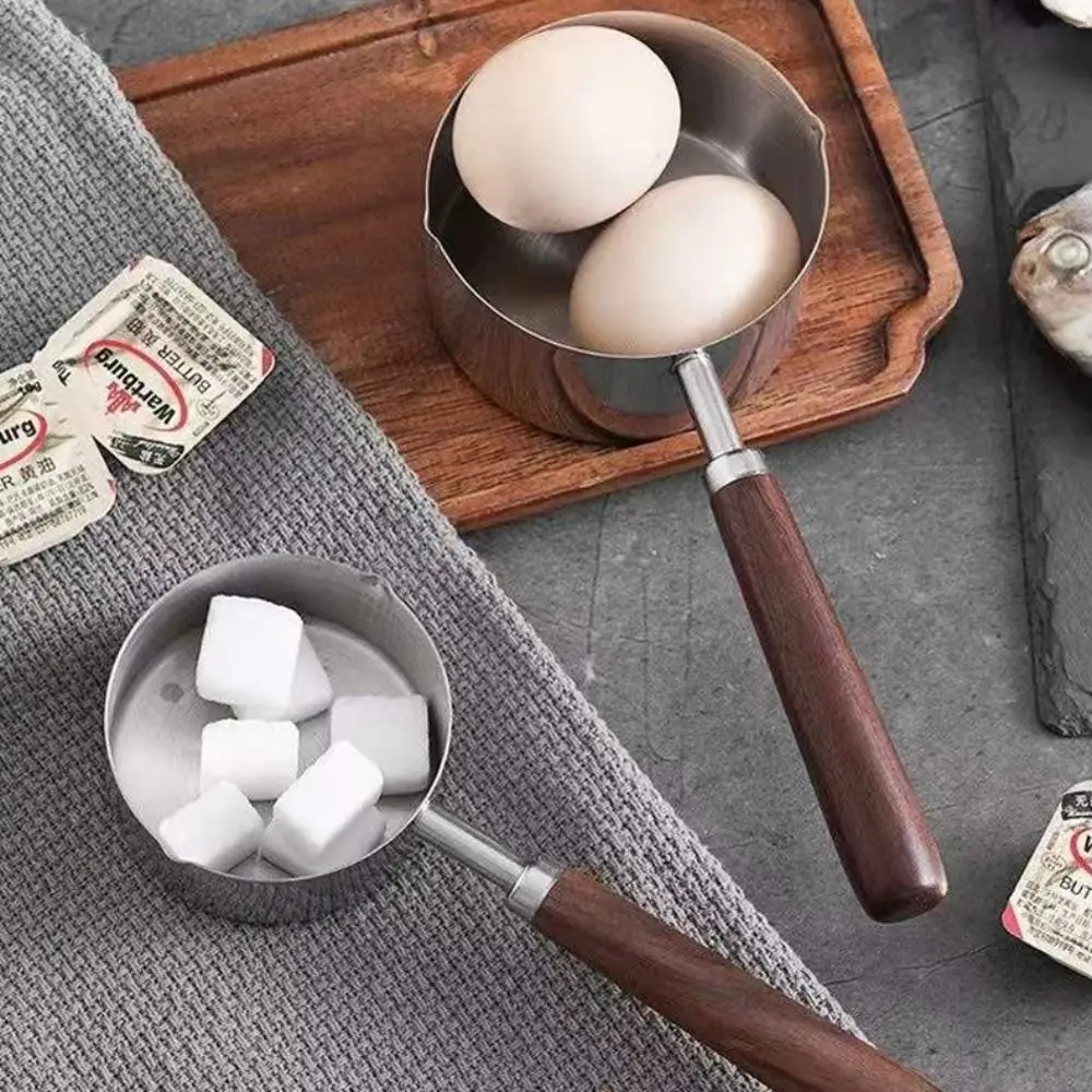 Dripping Sauce Pot Wooden Handle Milk Pan 304 Stainless Steel with Scale Oil Pot Deepen Spout Measuring Spoon Chocolate